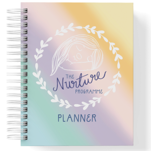Front cover of the adults planner, with a diagonal rainbow background in pastel colours. The Nurture Programme Logo is over the top and underneath in capital letters is the word PLANNER